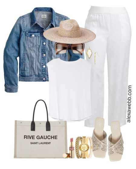 Plus Size All White Outfit with plus size white linen pants, white top, snake print sandals, straw hat, denim jacket, and canvas tote bag. Perfect resort wear for summer vacations - Alexa Webb

#LTKSeasonal #LTKStyleTip #LTKPlusSize