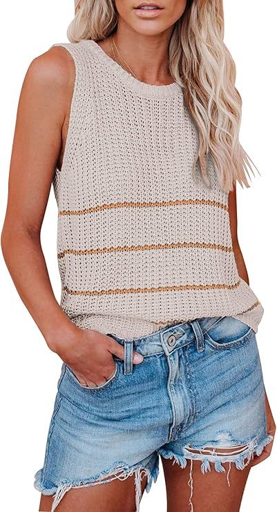 Grforclo Women's Summer Knit Striped Colorblock Tank Tops Sleeveless High Neck Crochet Knit Tunic... | Amazon (US)