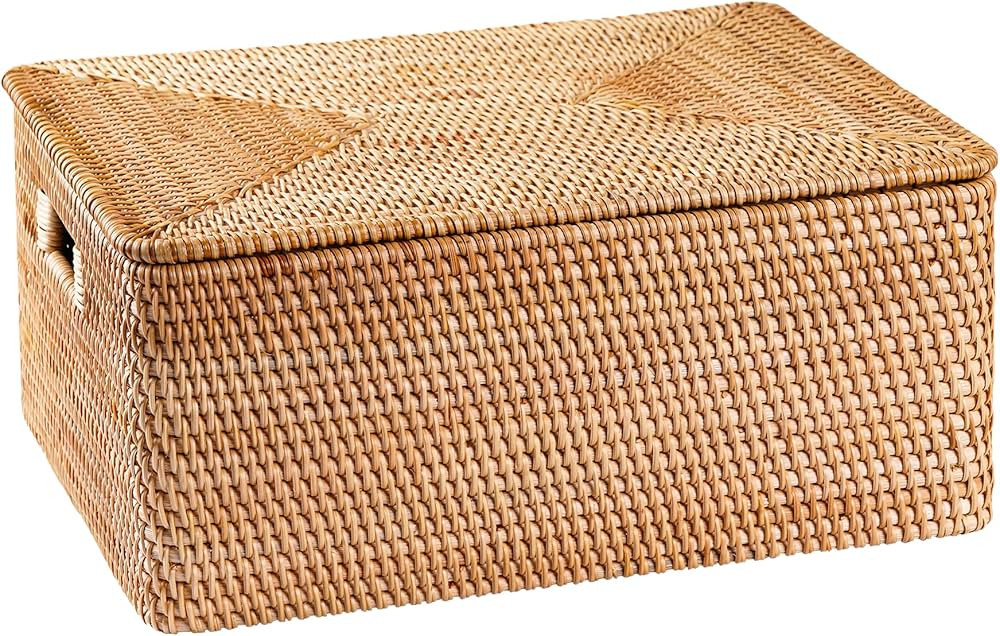 FIYAMMY Rattan Basket With Lid, Lidded Basket For Storage Rattan Box(13" L×10.2"W×6.7"H) | Amazon (US)