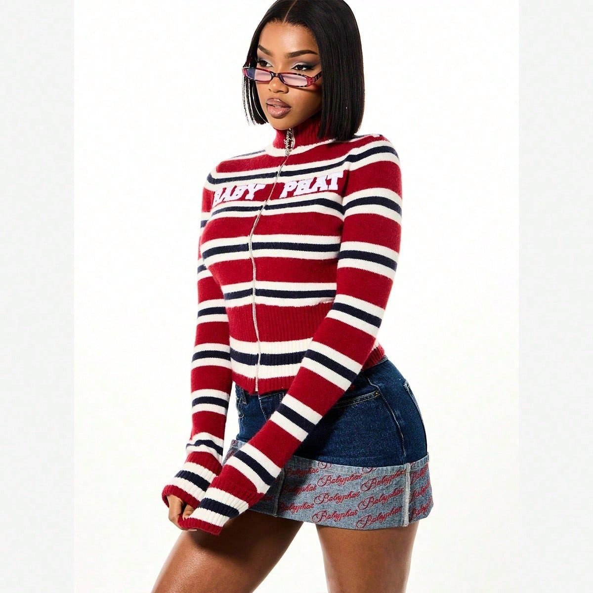 BABYPHAT Striped Zip Up Cardigan With Logo Detail And Ribbed Collar Perfect For Fall Winter Layering Essential Statement Piece | SHEIN