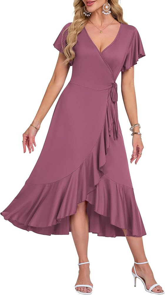 AUSELILY Sommerkleid Damen Wickelkleid Kurzarm Midikleider Langes Strandkleid V Ausschnitt A-Lini... | Amazon (DE)