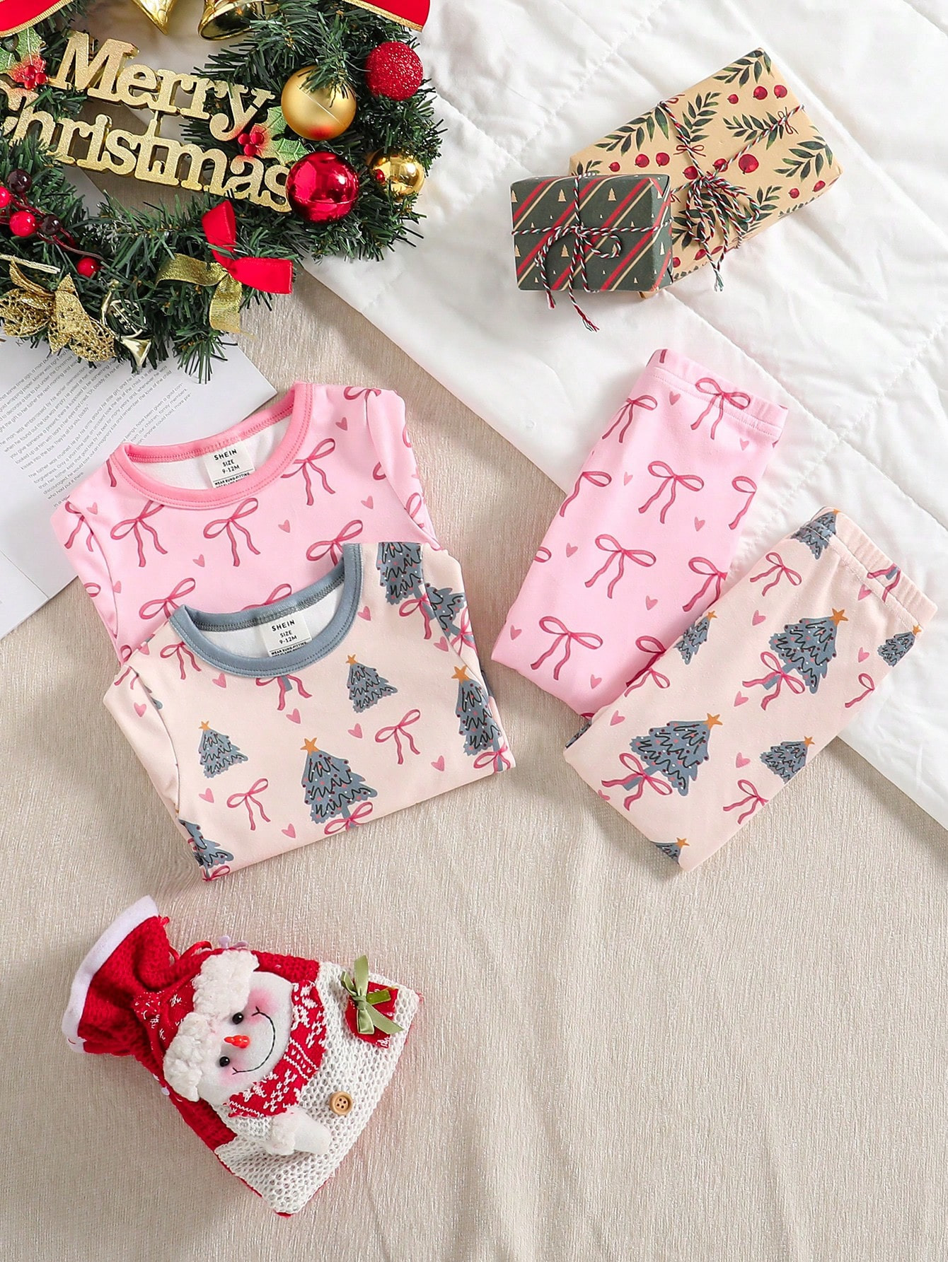 Baby Girl Simple Fashion Christmas Tree Bow Print Pattern Trousers Long Sleeve Tights Two Sets Of... | SHEIN