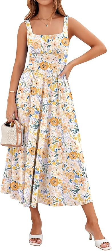Womens Casual Summer Dress with Pockets | Sleeveless Square Neck Flowy A-Line Midi Sundress for B... | Amazon (US)