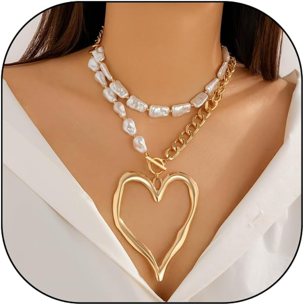 Y2k Large Heart Necklaces for Women Chunky Big Heart Pendant Necklace Exaggerated Layered Love Pe... | Amazon (US)