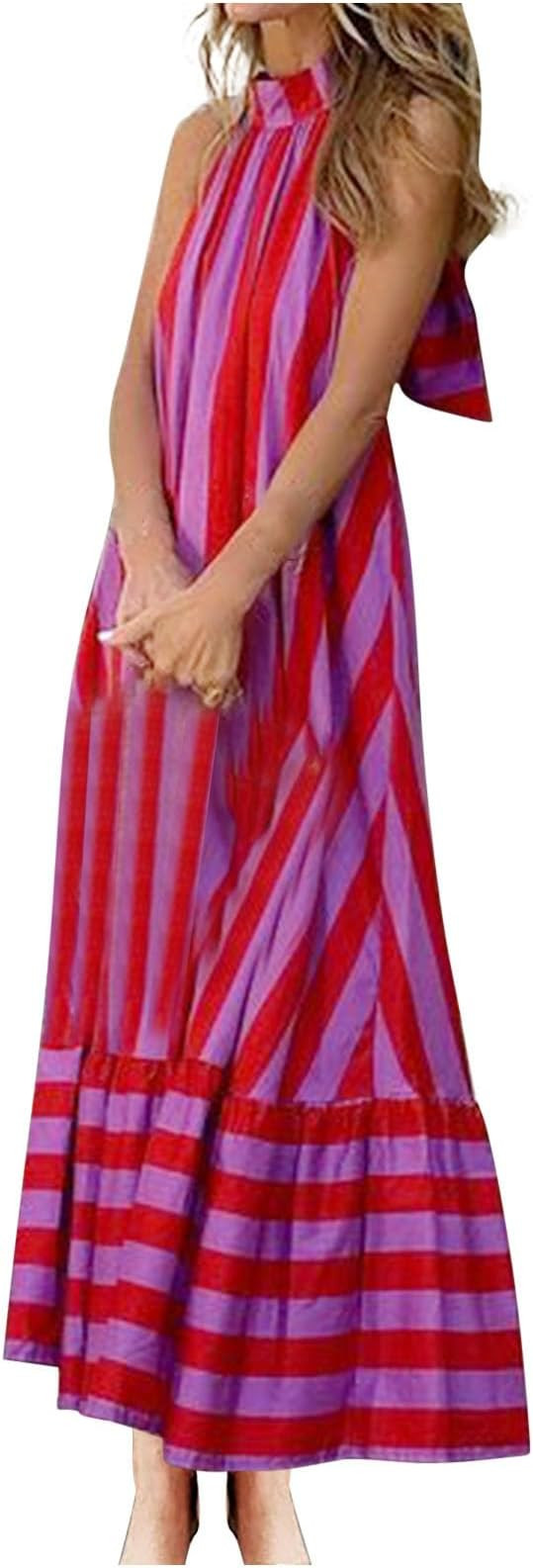 Summer Dresses for Women 2025 Striped Halter Neck Ruffle Hem High Neck Off Shoulder Maxi Casual B... | Amazon (US)