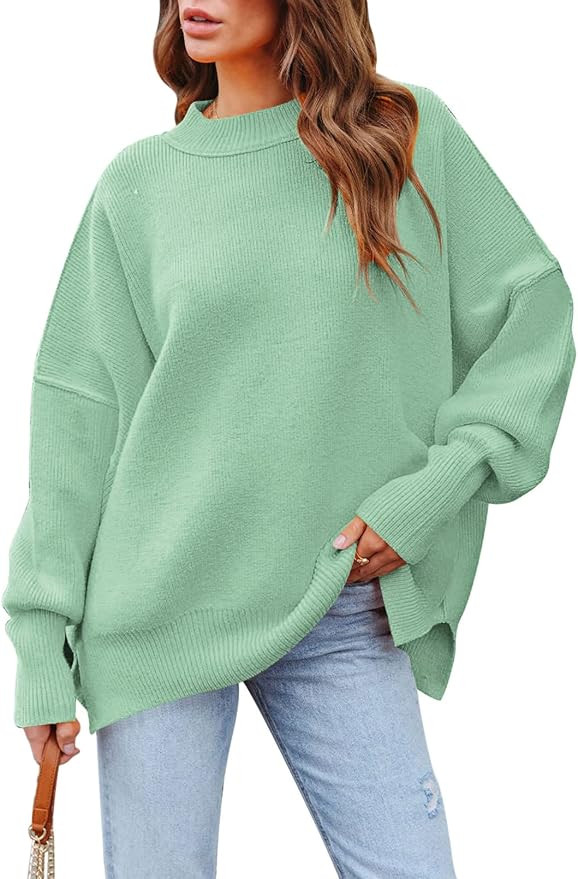 HAPCOPE Women's 2023 Fall Casual Oversized Sweater Crewneck Batwing Sleeve Side Slit Ribbed Knit ... | Amazon (US)