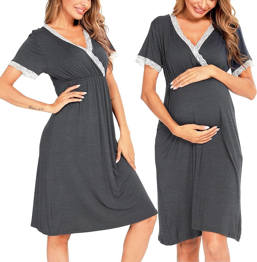 SWOMOG Women 3 in 1 Delivery/Labor/Nursing Nightgown Short Sleeve Pleated Maternity Sleepwear for Br | Amazon (US)