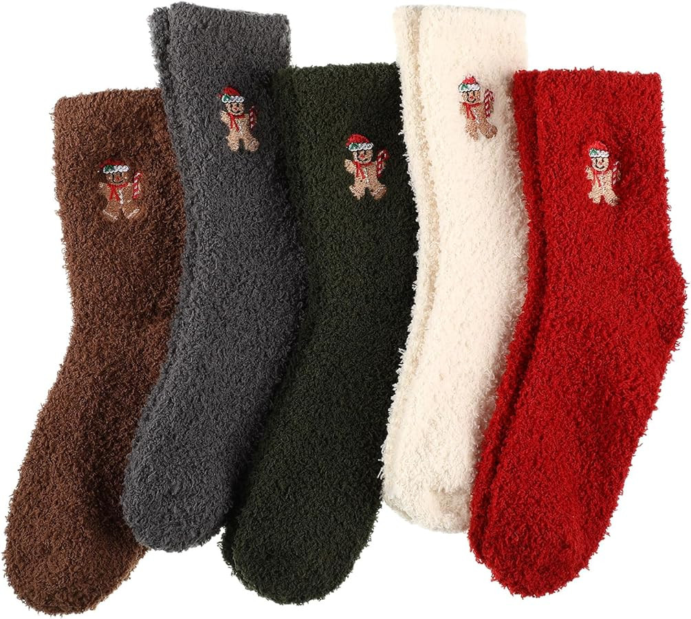 5 Pairs Christmas Fuzzy Socks for Women Cute Winter Soft Fluffy Cozy Slipper Sleeping Coquette Xm... | Amazon (US)