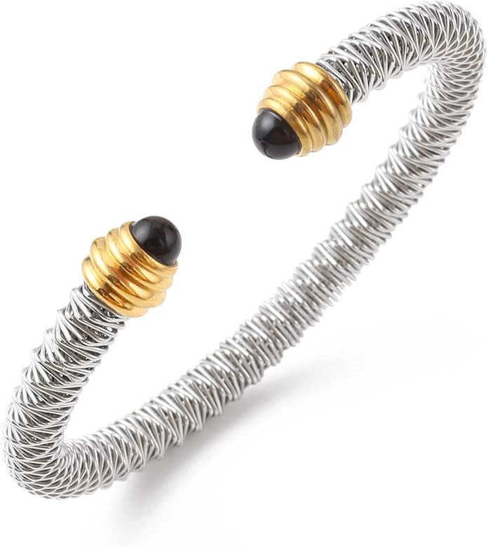 Stainless Steel Cuff Bangle Bracelets for Women Classic Twisted Cable Bracelet Adjustable Fashion... | Amazon (US)