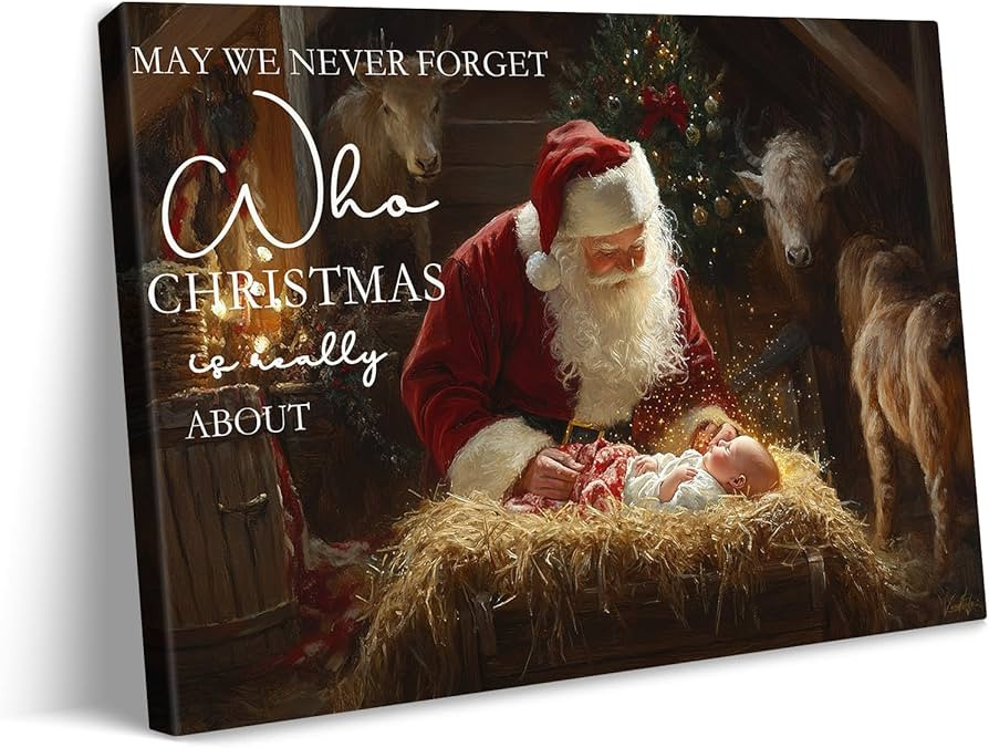 vandlife Vintage Christmas Canvas Wall Art Santa Claus and Baby Jesus in Stables Painting Prints ... | Amazon (US)