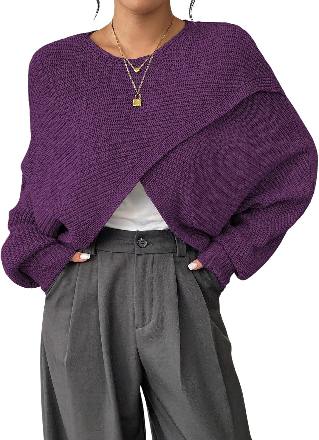 Verdusa Women's Lightweight Asymmetrical Wrap Fall Sweater Tops Old Money Puff Sleeve Cropped Sweaters Coat | Amazon (US)