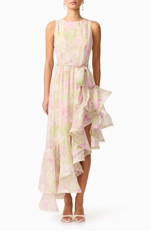 Elliatt Lacinda Ruffle Tie Waist Asymmetric Gown in Ivory Multi at Nordstrom, Size Large | Nordstrom