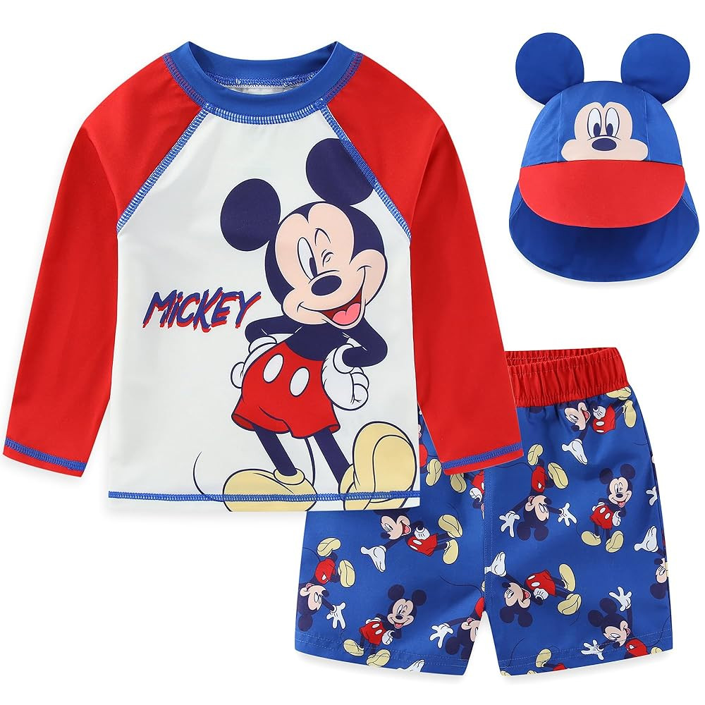 Disney Mickey Mouse Baby Boys UPF 50+ Rash Guard, Swim Trunks and Sun Hat with Ears 3 Piece Bathi... | Amazon (US)