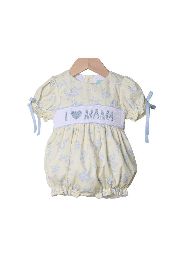 Smocked I Love Mama Yellow and Blue Floral Bubble | The Smocked Flamingo
