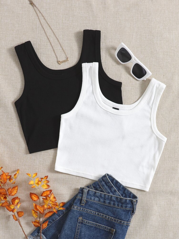 SHEIN EZwear 2pcs Solid Ribbed Knit Tank Top | SHEIN