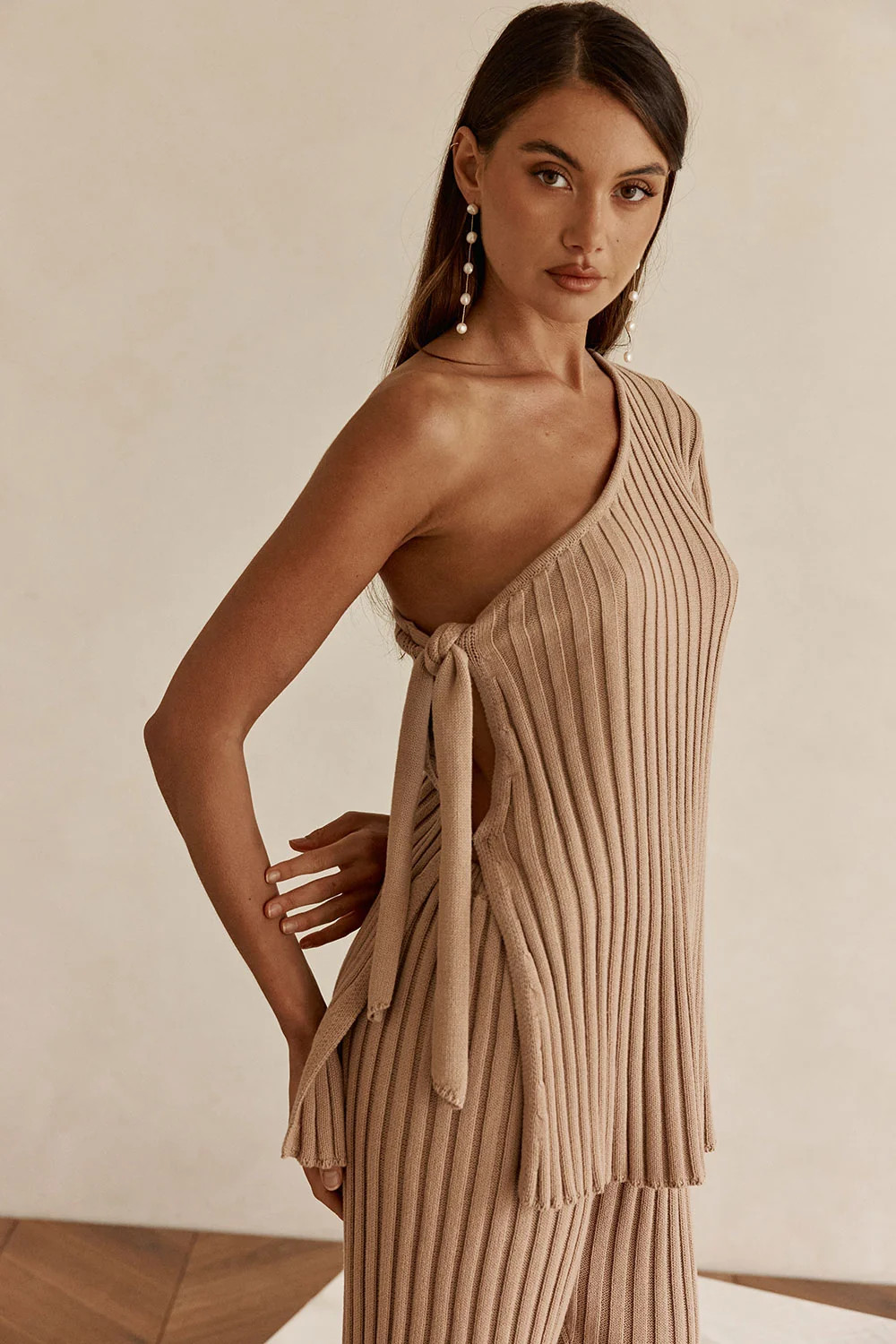 Tan Ribbed Knit One Shoulder Tie Neriah Top | Sabo Skirt US