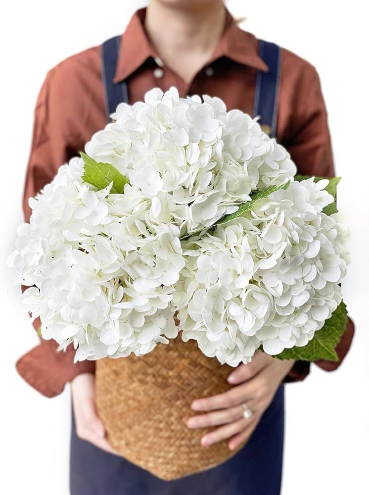 White Hydrangea Artificial Flowers, 3Pcs Large 21” Royal Real Touch Latex Silk Flowers Faux Hyd... | Amazon (US)