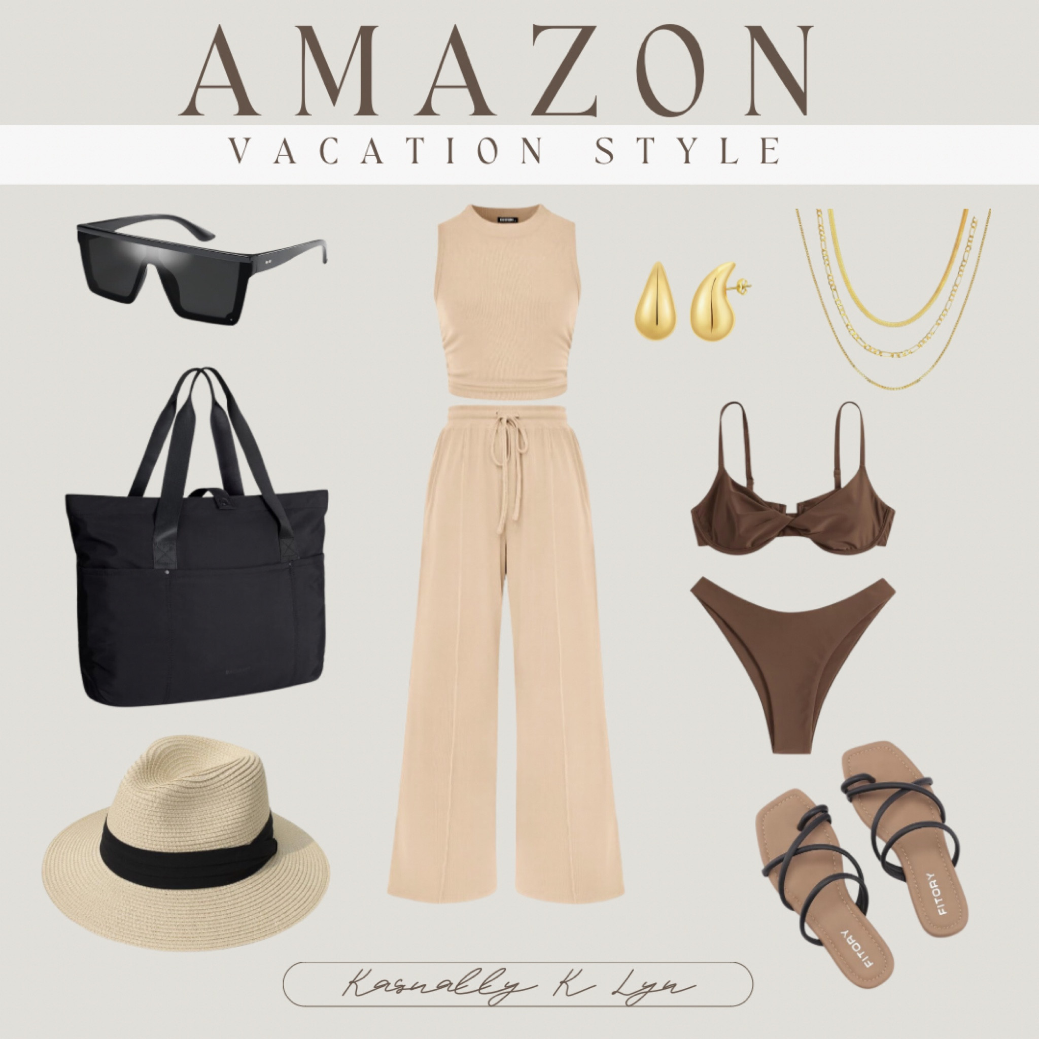 Amazon Vacation Style! 2 Piece Ribbed Knit Crew Neck Sleeveless Cropped Top & Elastic Waist Wide Leg Pants. Black Foldable Tote Bag with Zipper & Large Shoulder Bag Top with Handles for Tavel & Work. Big Square Sunglasses with a Thick Frame & Flat Top. Gold Choker Layered Necklaces. Chunky Gold Hypoallergenic Teardrop Earrings. Wide Brim Straw Summer Beach Hat. Black Flat Toe Ring Cross Strap Sandals. Dark Brown Twist Front Bikini 2 Piece Set with High Waisted Bikini Bottoms. 

#LTKFindsUnder50 #LTKStyleTip #LTKTravel