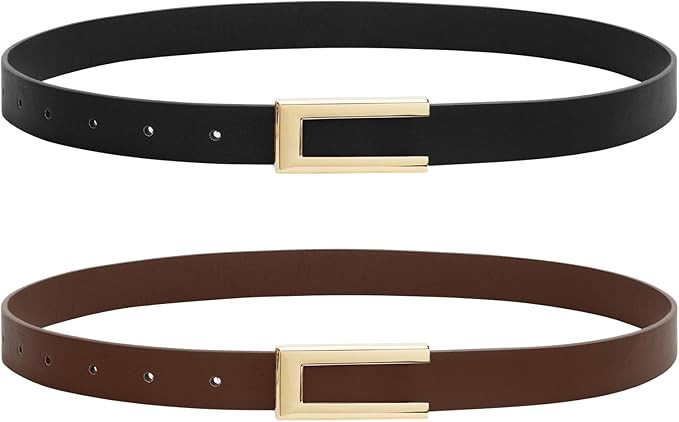 SANSTHS 2 Pack Skinny Leather Belts for Women, Ladies Thin Waist Belt for Dresses Jeans Pants wit... | Amazon (US)