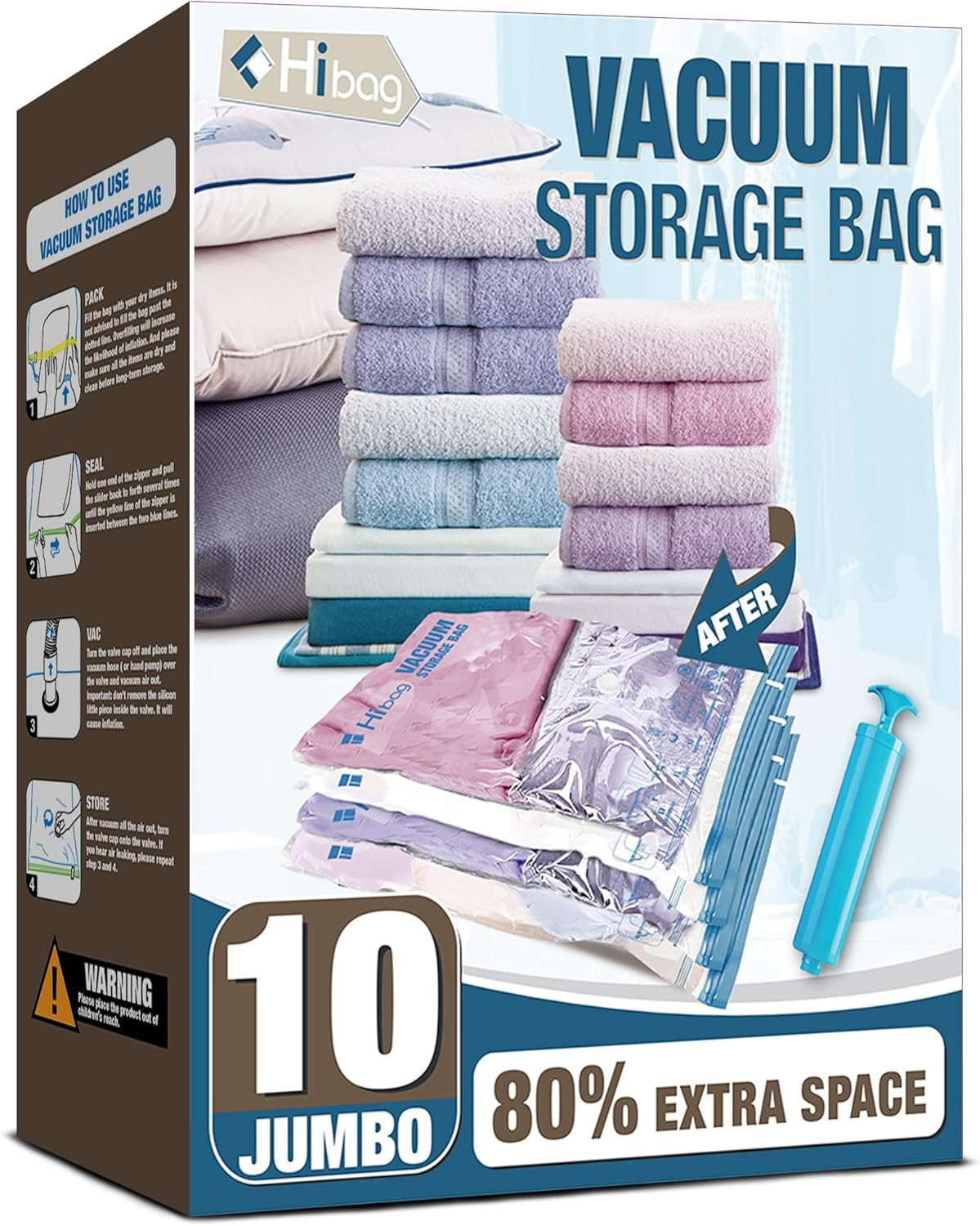 HIBAG Vacuum Storage Bags, 10 Jumbo Space Saver Vacuum Seal Bags, Space Bags, Vacuum Sealer Bags ... | Amazon (US)
