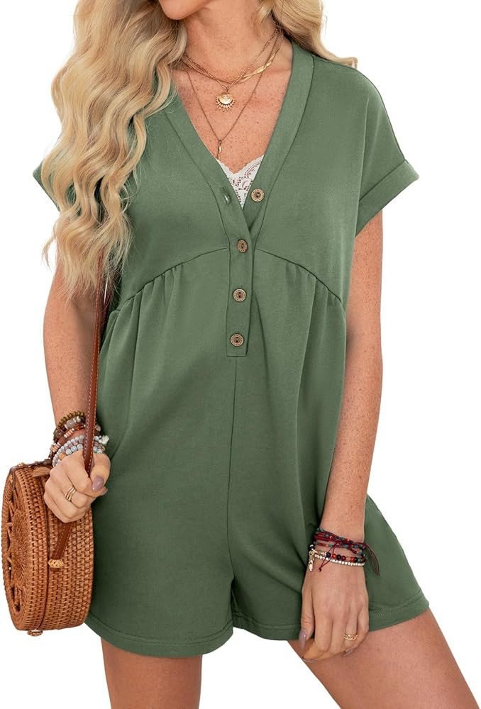 Glamaker Women's Summer Short Sleeve Romper Casual V Neck Wide Leg Short Jumpsuit Button Beach Ro... | Amazon (US)