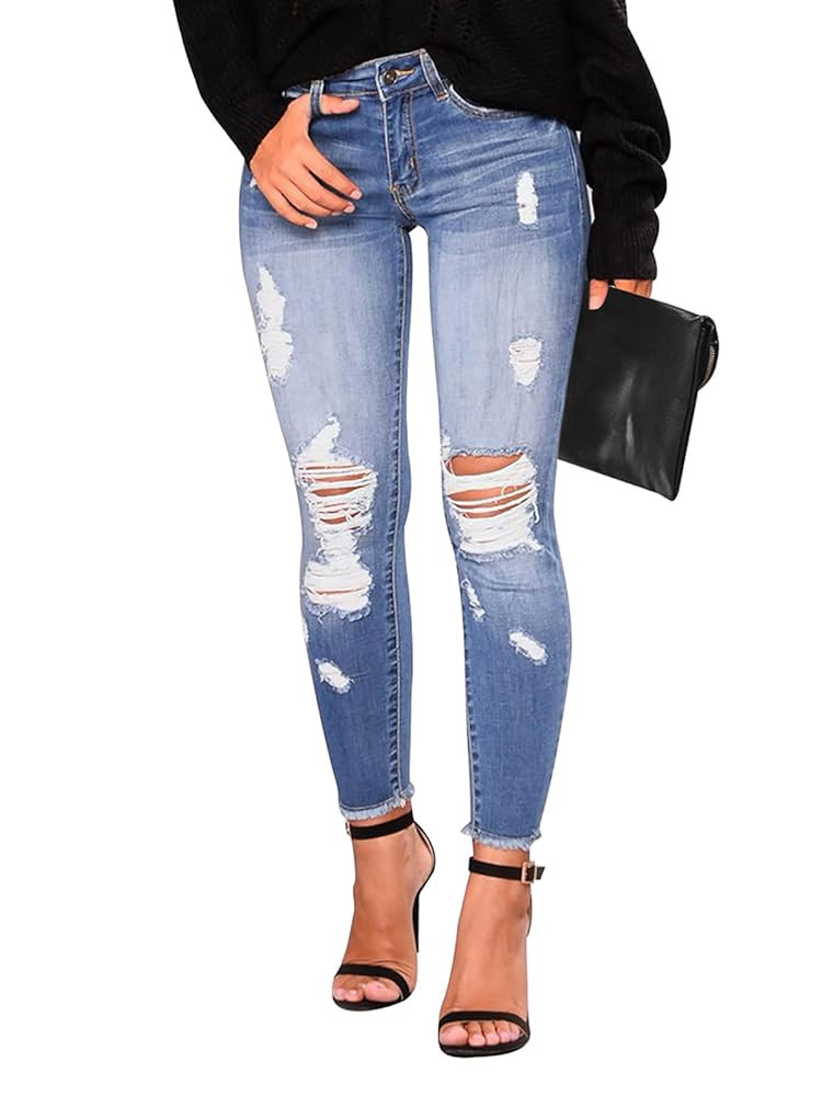 KUNMI Women's Skinny Ripped Trendy Jeans Distressed Stretchy Denim Pants | Amazon (US)