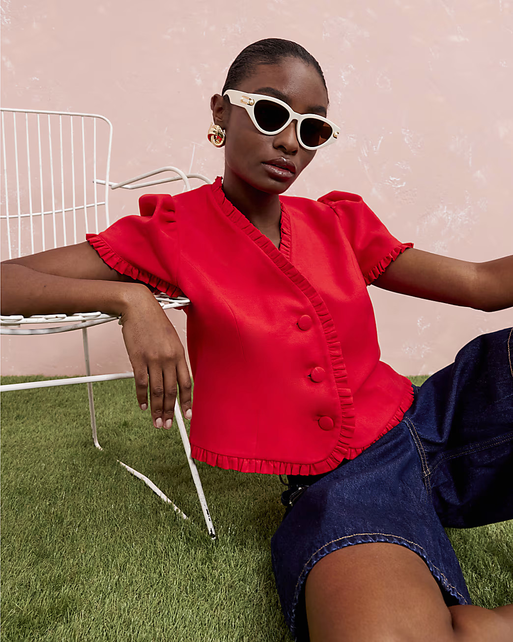 Red Frill Linen Blend Tailored Top | River Island UK & IE