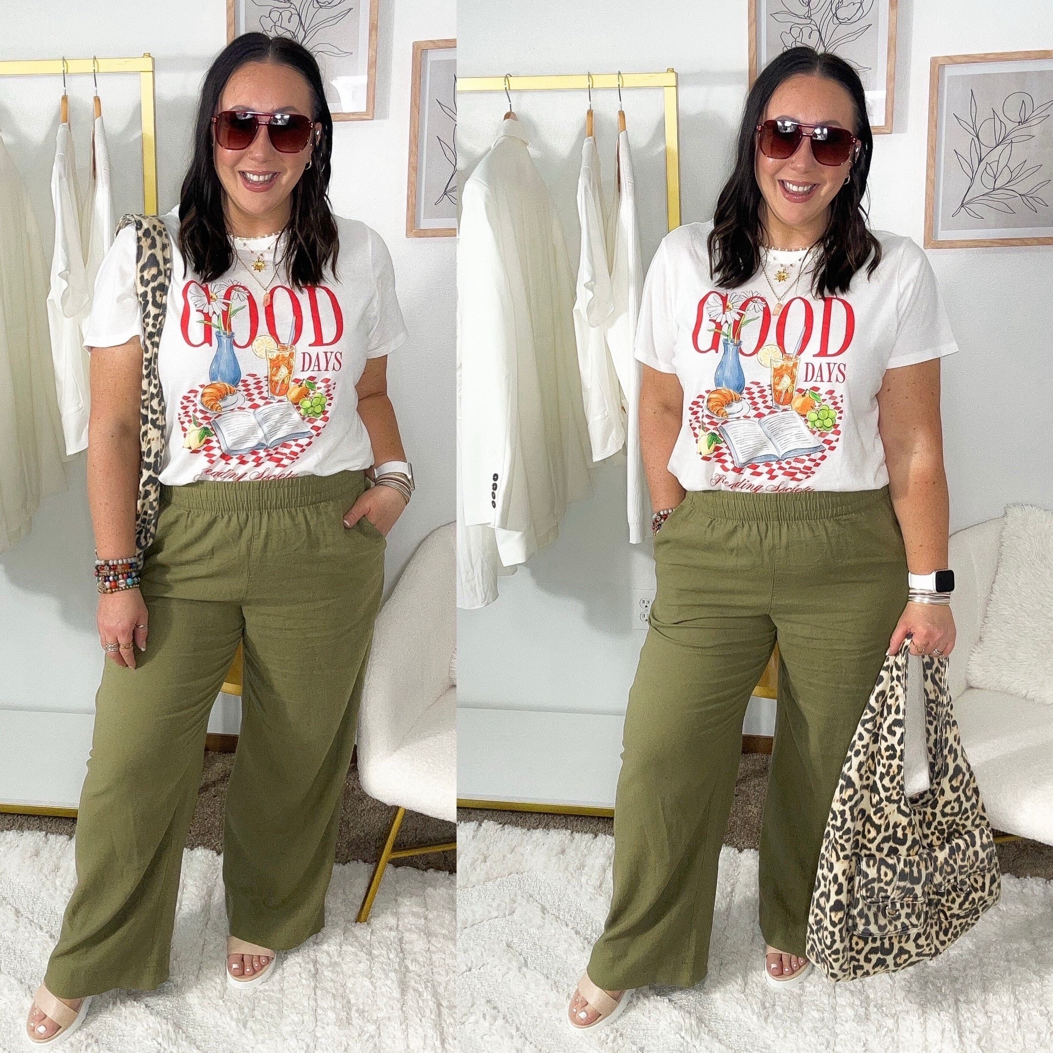 My favorite linen blend pants are BACK at Old Navy! New colors available this year too. On sale for $24! Wearing a large regular in mine. XL graphic tee. Linked updated options. Linked similar bag options too. 

#LTKMidsize #LTKSaleAlert #LTKOver40