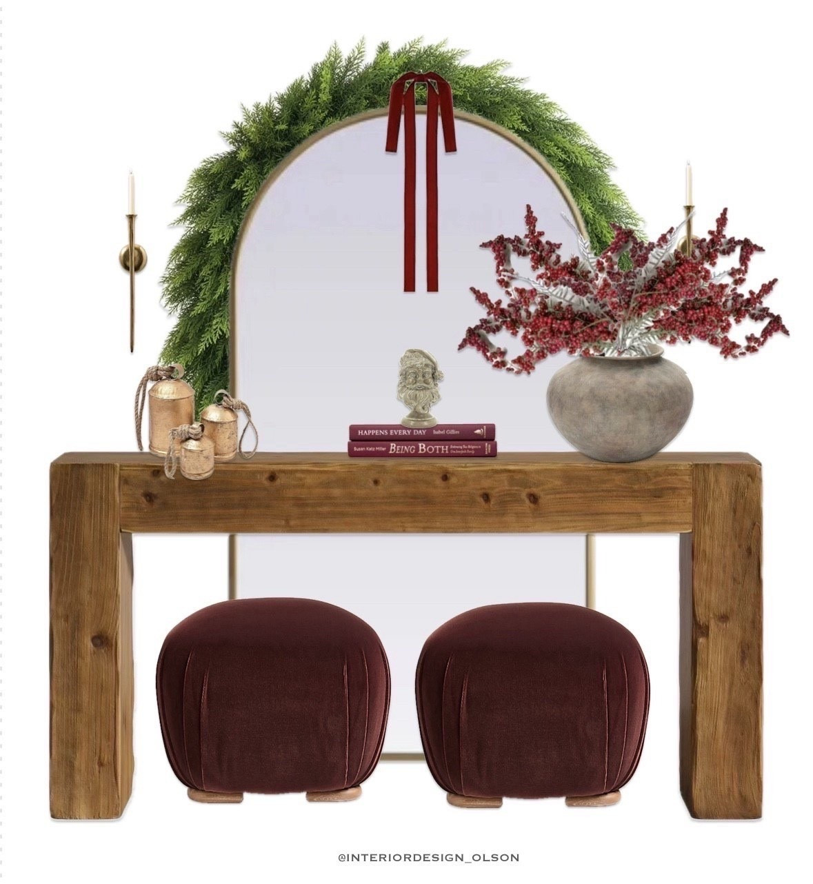 Bold & Festive Christmas Console Styling

🎄 How to style your console table for Christmas Option 2 🎄
A cozier, more festive take with bright berries, brass bells, and layered holiday textures. Paired with rich velvet stools and classic Christmas accents like the Santa bust and nativity art, this look adds warmth, color, and personality to your entryway.

Perfect for anyone who loves a traditional-meets-modern holiday feel.

#ChristmasConsole #HolidayDecor #ChristmasEntryway #ConsoleTableStyling #HolidayInspo #ChristmasInspo #LTKHome #FestiveDecor #ChristmasGarland #InteriorDesign #ChristmasAesthetic #HolidayHome #ClassicChristmas