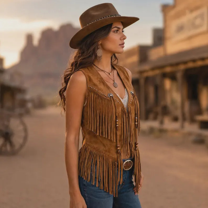 Women's Tan-Brown Suede Fringe Vest, Handmade Western Boho-cowgirl Sleeveless Vest, Vintage utili... | Etsy (Global)
