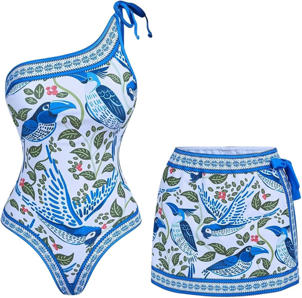 Floerns Women's Tropical One Piece Swimsuit Knot One Shoulder Bathing Suit with Cover Up Skirt | Amazon (US)
