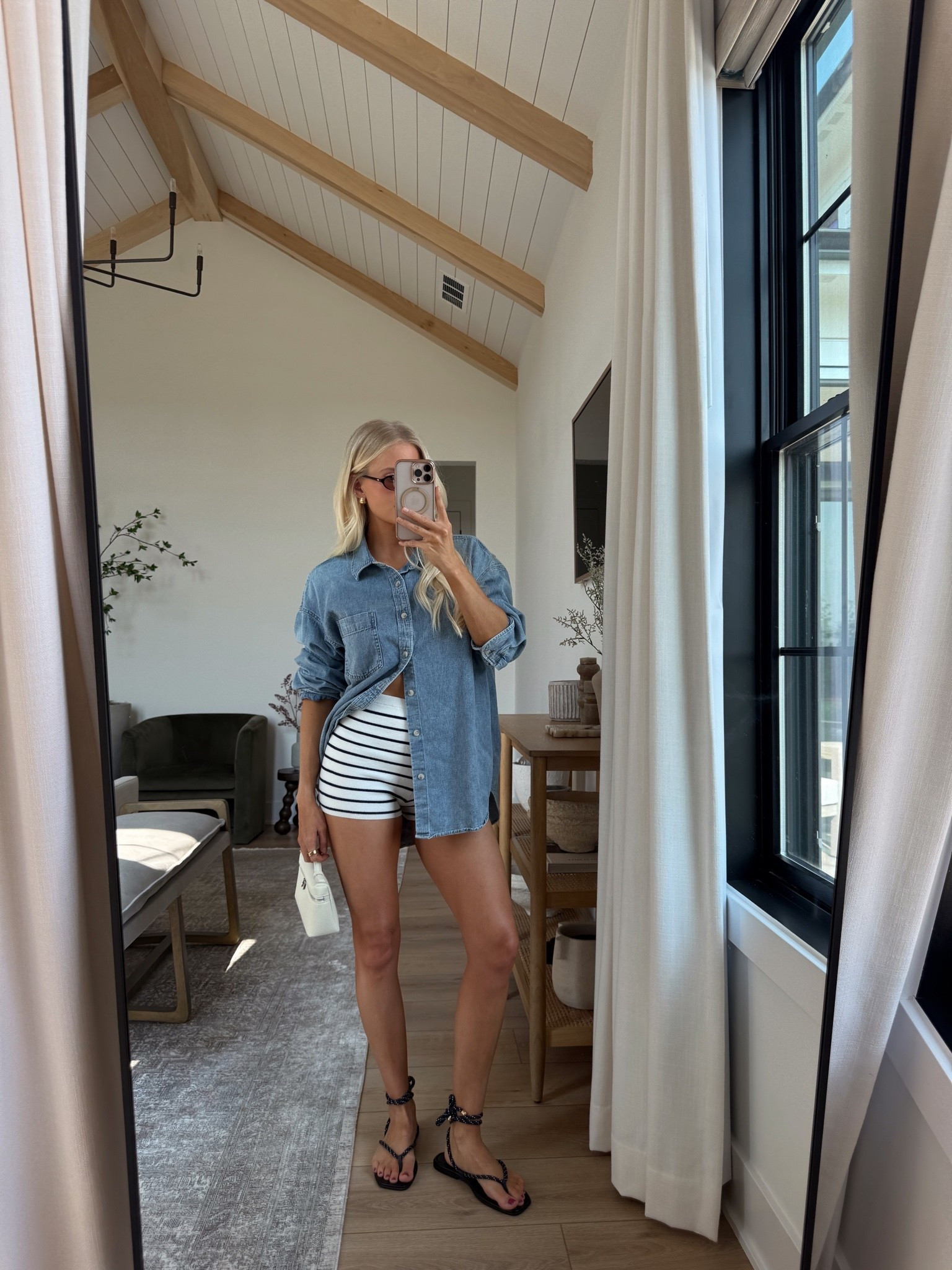 SIZE: medium in top (7 yrs Pete ths Bleu), medium shorts, shoes are tts, code KATHLEEN20 for discount on earrings! #kathleenpost

Summer outfit Inspo, spring transition look, denim shirt outfit