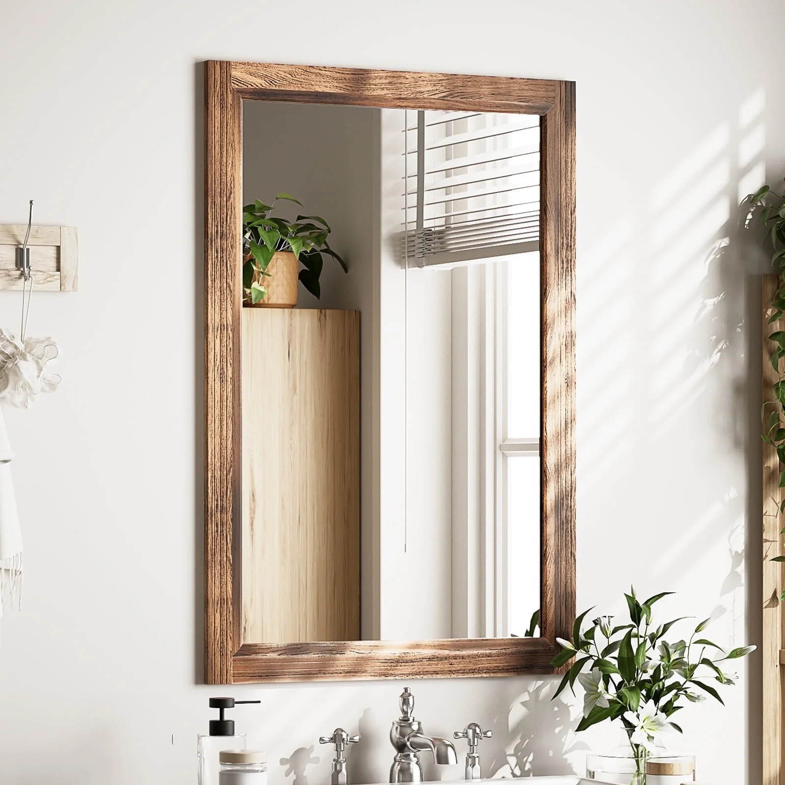 BEAUTYPEAK 36"x 24"Rectangular Bathroom Mirror Wall Mirror Wooden Frame,Brown - Walmart.com | Walmart (US)