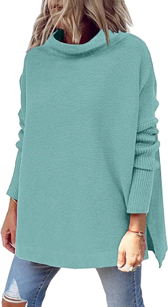 LILLUSORY Women's Mock Turtleneck Casual Oversized Sweater Long Batwing Sleeve Split Hem Ribbed Knit | Amazon (US)