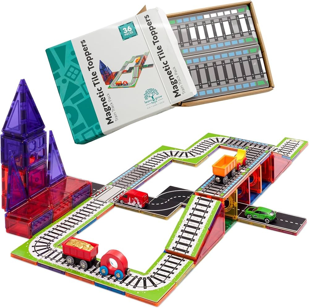 Learn & Grow Train Track Toppers, Magnetic Tile Accessory, Magnet Building Set Road Pack Add on 3... | Amazon (US)