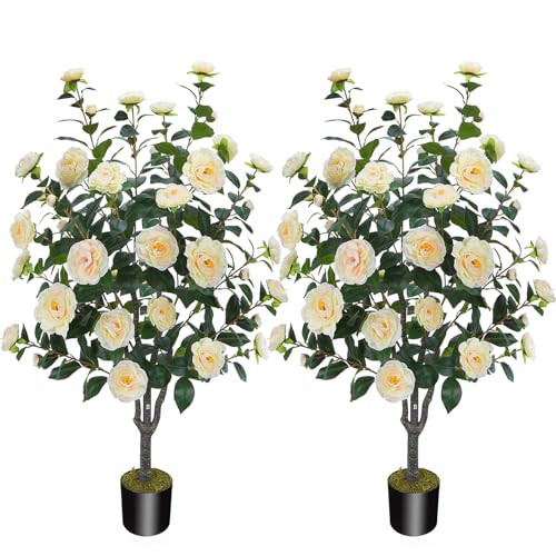 3.6FT Artificial Camellia Fake Tree, Artificial Plants & Flowers with 32 Yellow Pink Flowers for Door Front Decoration Porch Patio Living Room Office Indoor Outdoor Decor (2PCS Contains Dried Moss) | Amazon (US)