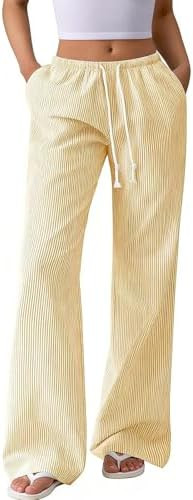 Women's Striped Wide Leg Linen Pants, Elastic Waist Drawstring with Pockets, Casual Lounge PJ Bea... | Amazon (US)
