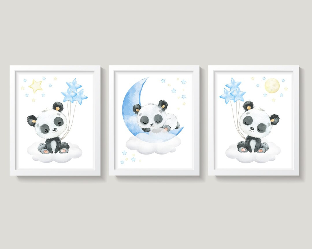 Panda Nursery Wall Decor, Panda Bear Nursery, Baby Boy Nursery Decor, Moon and Stars Art, Blue an... | Etsy (US)