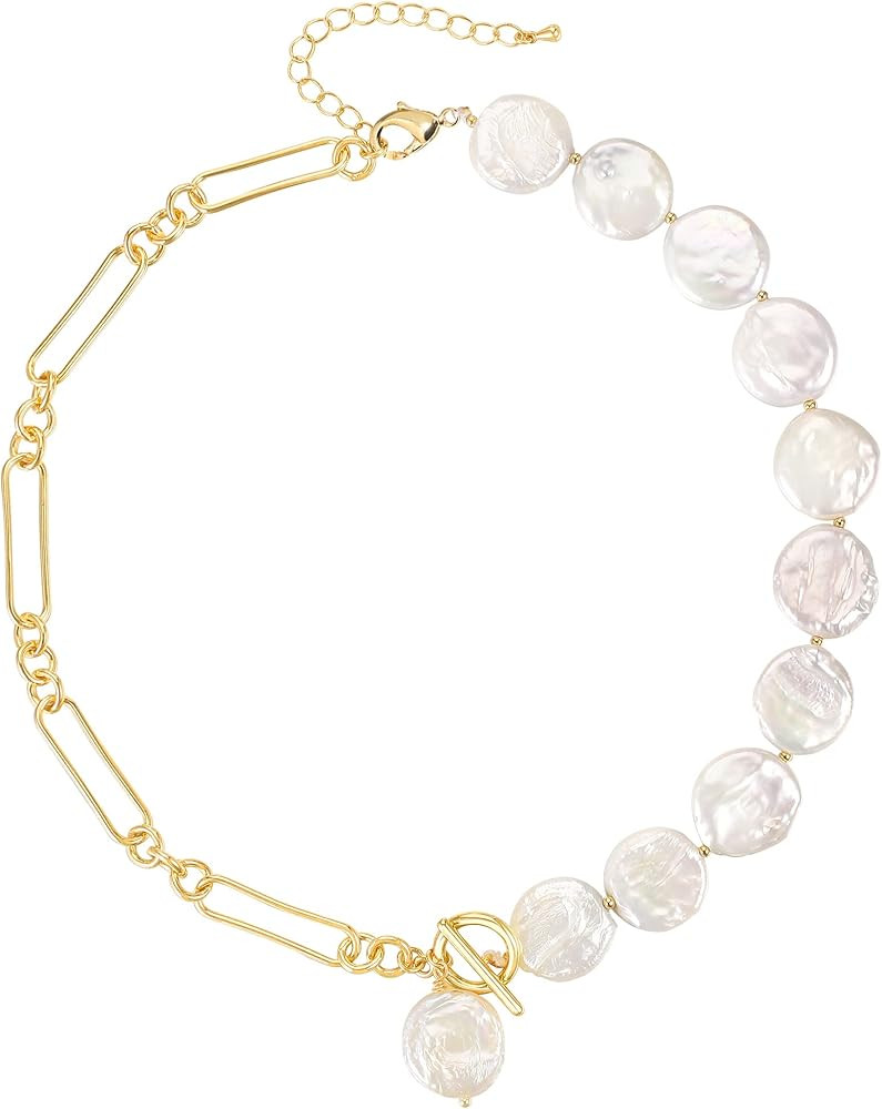 Baroque Pearl Necklaces White Real Freshwater Cultured Big Flat Pearls 16K/18K Gold Plated Pearl ... | Amazon (US)