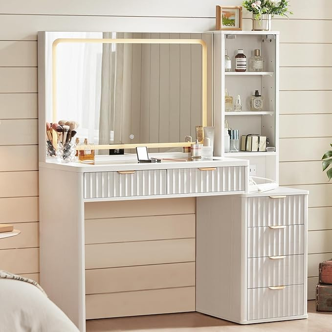 LEYAOYAO White Vanity Desk with Mirror and Lights, 43.5'' Fluted Makeup Vanity with 6 Drawers and... | Amazon (US)