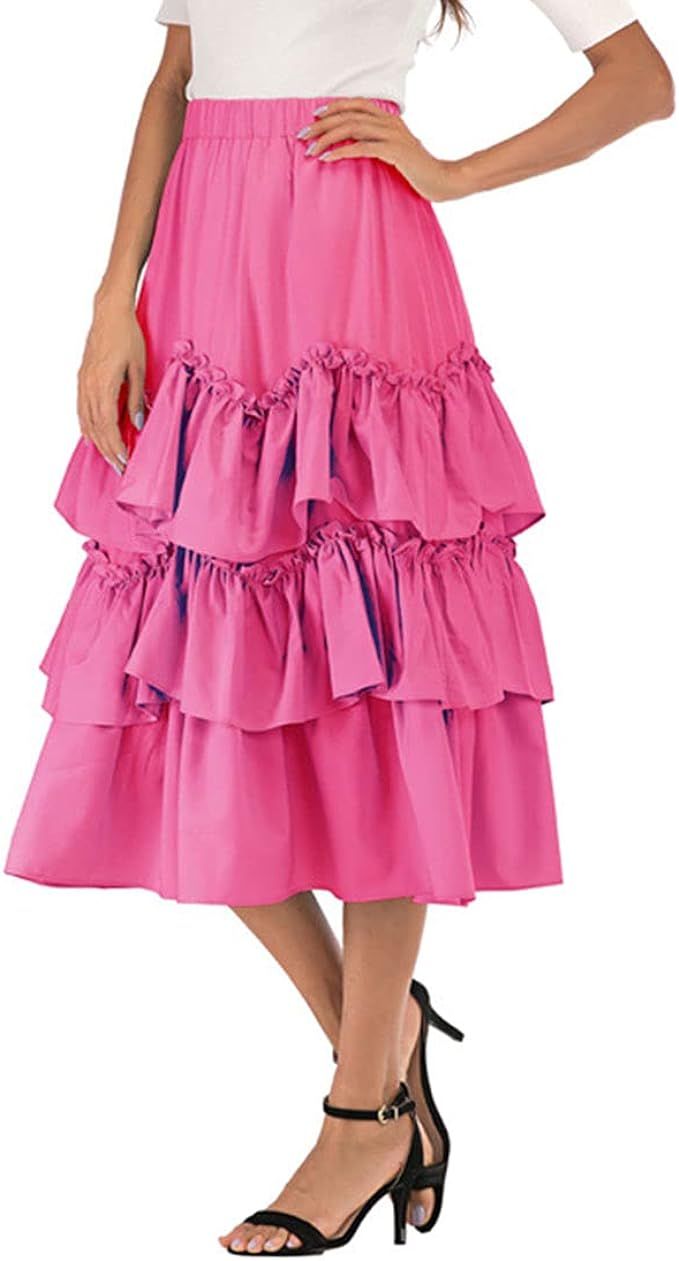 ebossy Women's Elastic High Waisted Skirts Muitl Layered Tiered Ruffle A-line Swing Midi Skirt Dr... | Amazon (US)