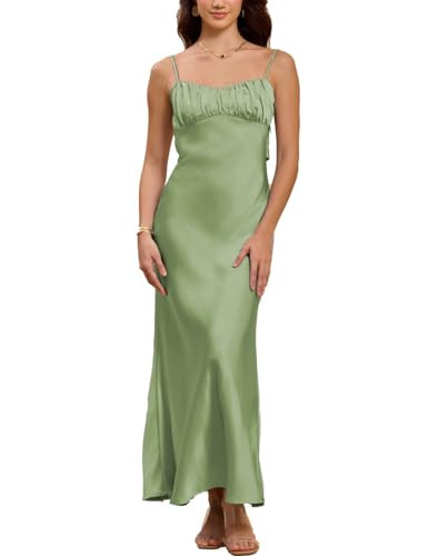 Satin Spaghetti Strap Backless Ruched Twist Cocktail Dresses for Women Silk Open Back Cut Out Midi Dress Wedding Guest Sage | Amazon (US)