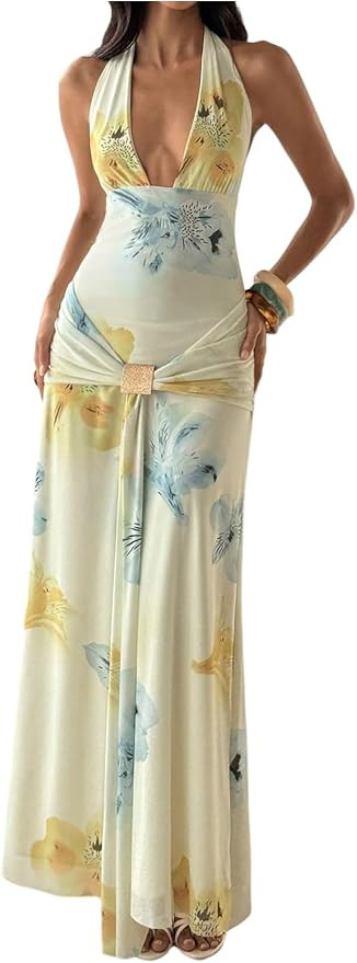 OYOANGLE Women's Deep V Neck Halter Dress Metal Tie Backless Ruched Flowy Maxi Fomal Wedding Gues... | Amazon (US)