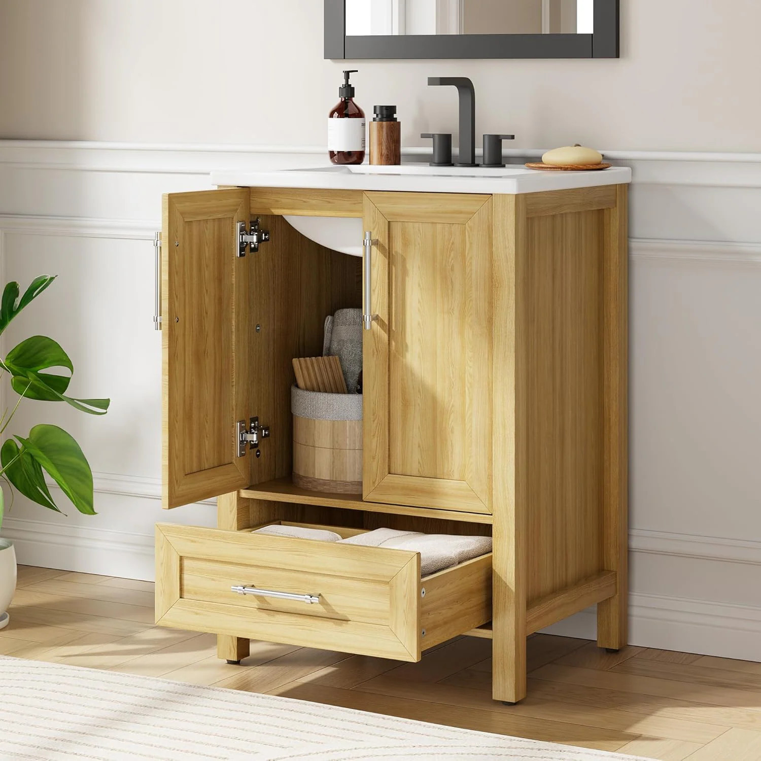 Garvee 24 inch Bathroom Vanity with Sink Vintage Bathroom Cabinet Vanity with Doors and Drawers Farmhouse Wooden Freestanding Bathroom Cabinet with | Lowe's