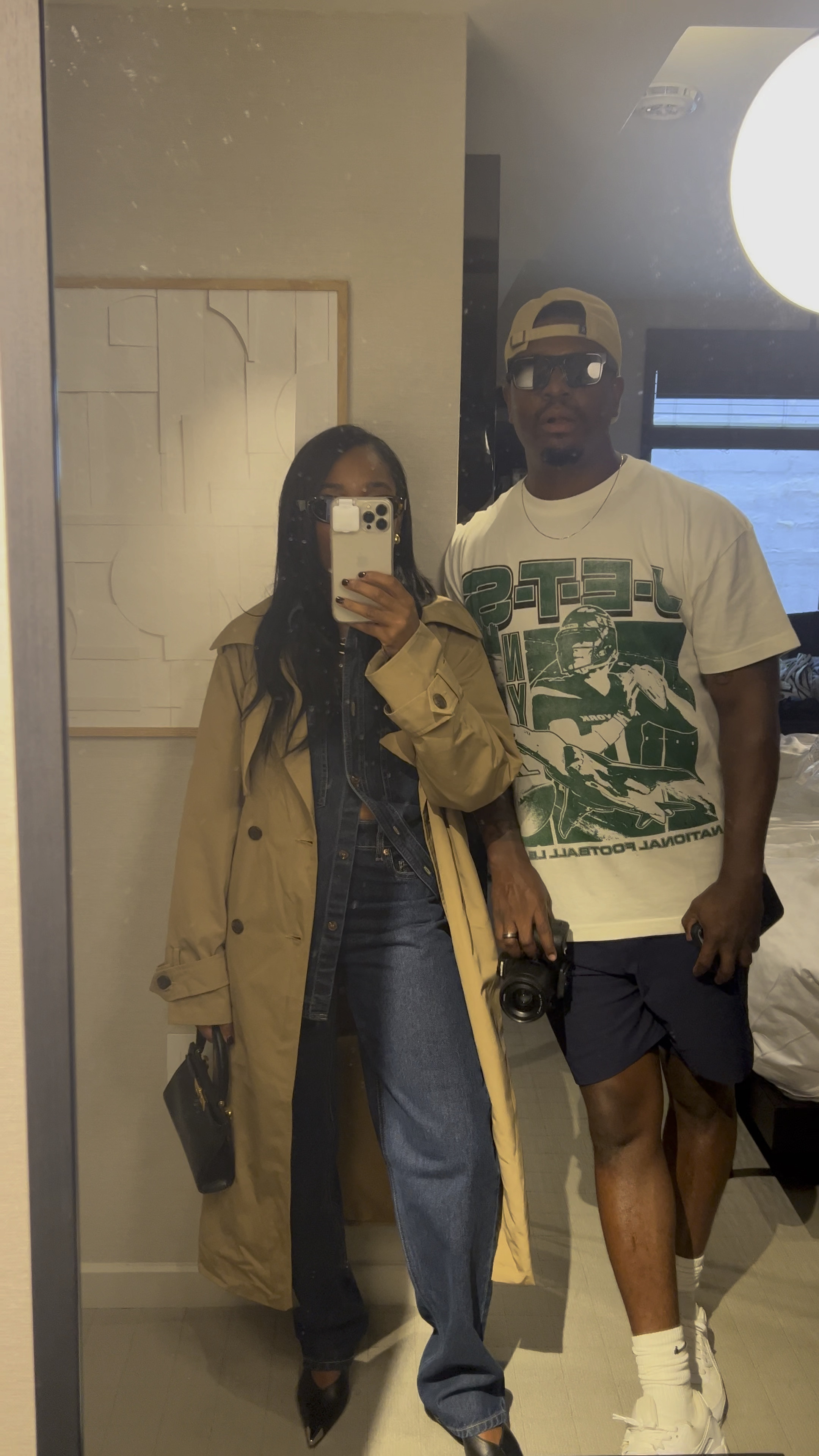 Women's trench coat, dark wash jeans, pointed toe slingback pumps. Mens football graphic tee, blue shorts - all on sale! 

#LTKmens #LTKstyletip #LTKSale