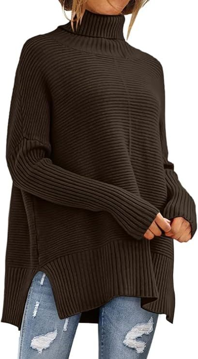 ANRABESS Womens 2023 Fall Sweaters Oversized Turtleneck Long Batwing Sleeve Split Hem Pullover Kn... | Amazon (US)