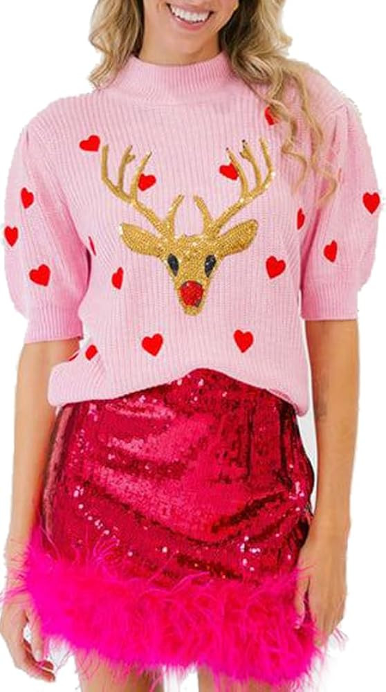 Womens Christmas Sequin Sweaters Winter Holiday Graphic Short Sleeve Sweater Glitter Metallic Kni... | Amazon (US)