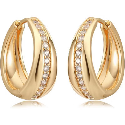 Gold Chunky Huggie Hoops, 18K Gold Plated Handmade Hypoallergenic Earrings. Middle CZ Hoop One Size | Target