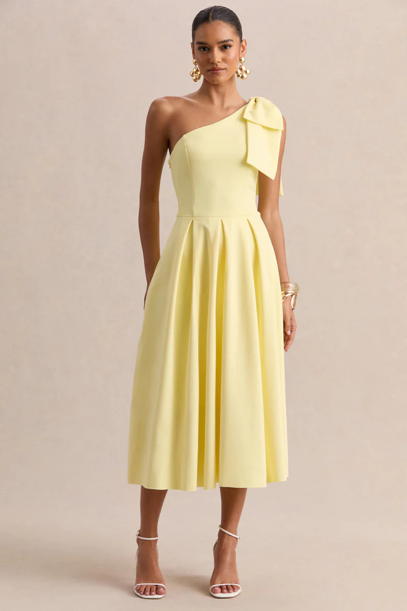 Meria  Lemon Asymmetric-Neck Midi Dress With Bow-Sleeve | Club L London
