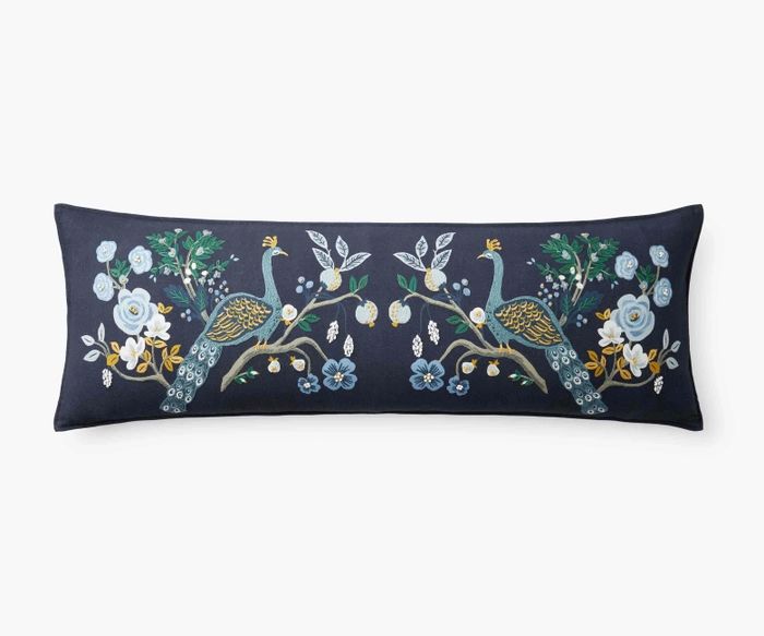 Peacock Navy Embroidered Lumbar Pillow Cover | Rifle Paper Co. | Rifle Paper Co.